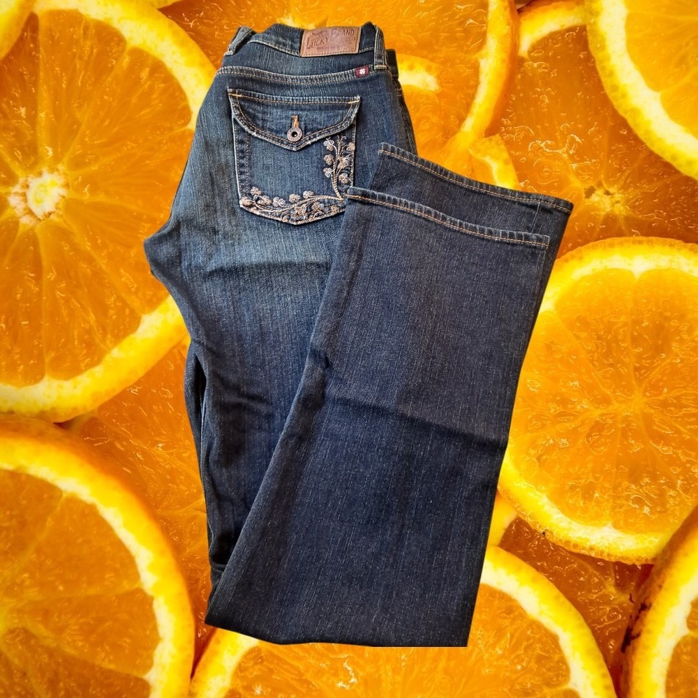 Lucky Brand Delair Classic Rider Jeans Size 6/28 Embellishedโ Pockets Dark Wash